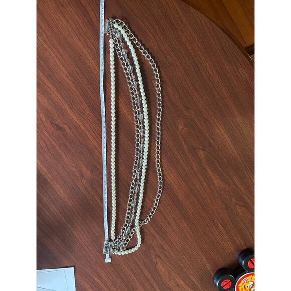 Elegant Multi-Strand Faux Pearl & Silver Chain Necklace With Crystal Accents - Picture 5 of 5